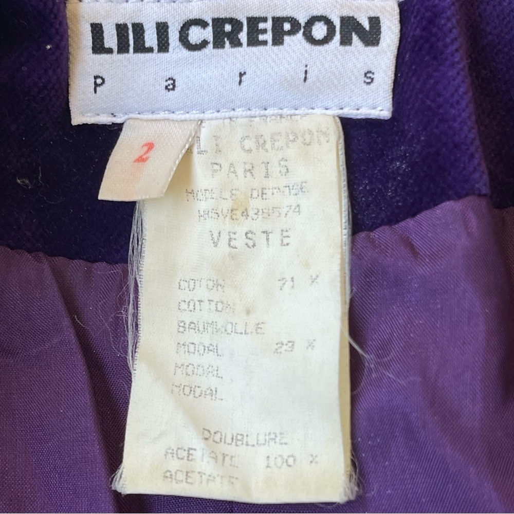 LILI CREPON Paris purple velveteen Blazer VTG‎ size 2 - Picture 5 of 10